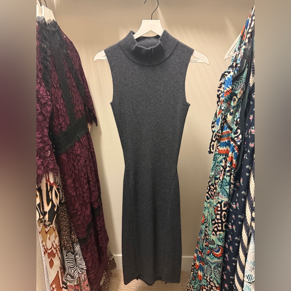 Magaschoni Gray Mock Neck Sheath Midi Dress